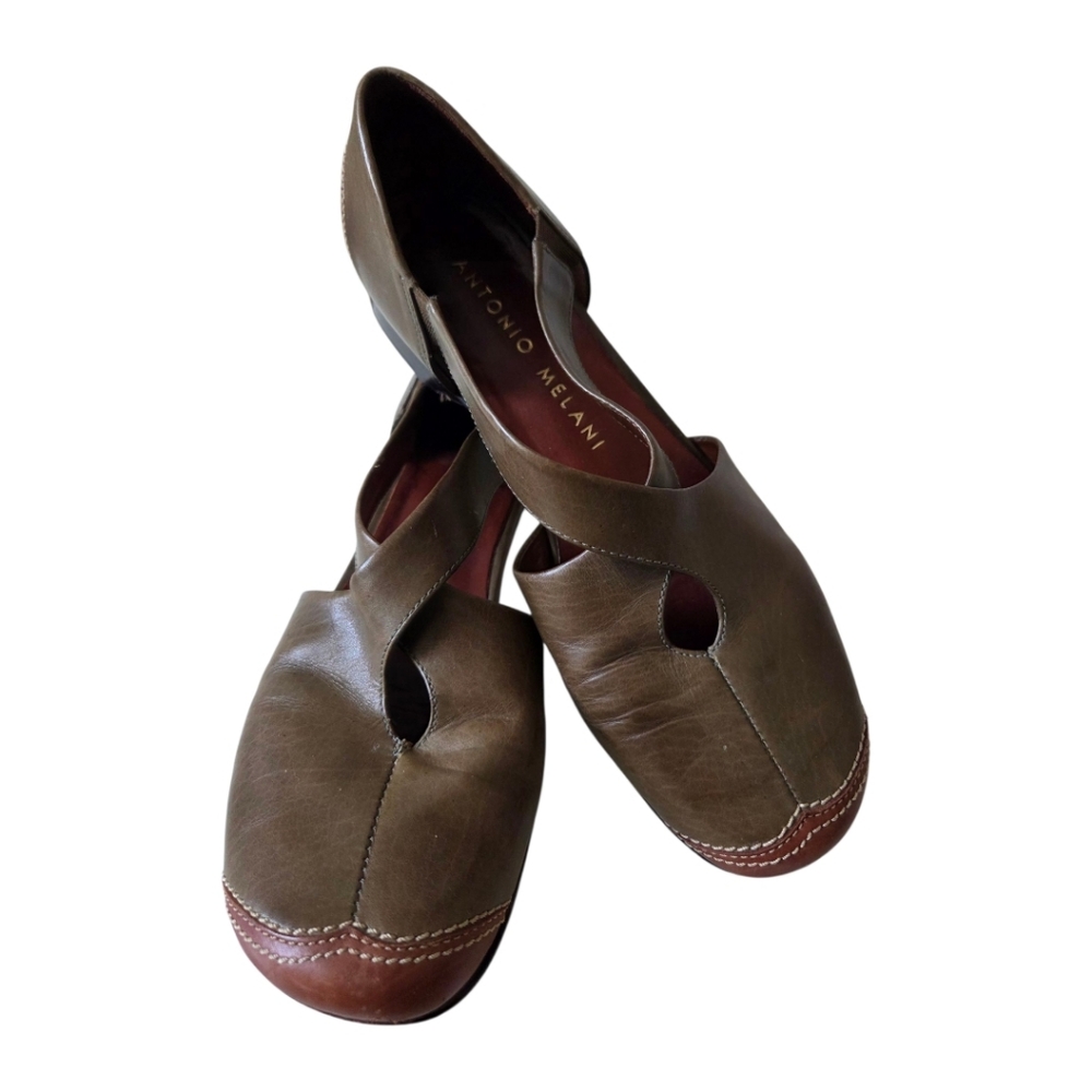 Antonio Melani Olive and Brown Slip On Flats Women's Size 7.5 Criss Cross Strap